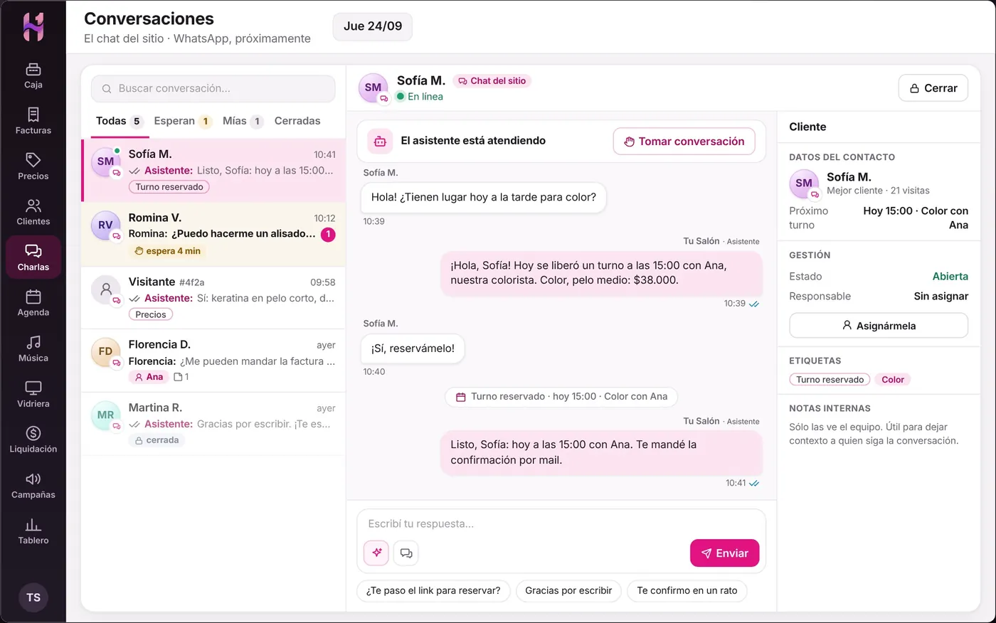 Las conversaciones del chat del sitio en Hebra One. Datos de ejemplo.